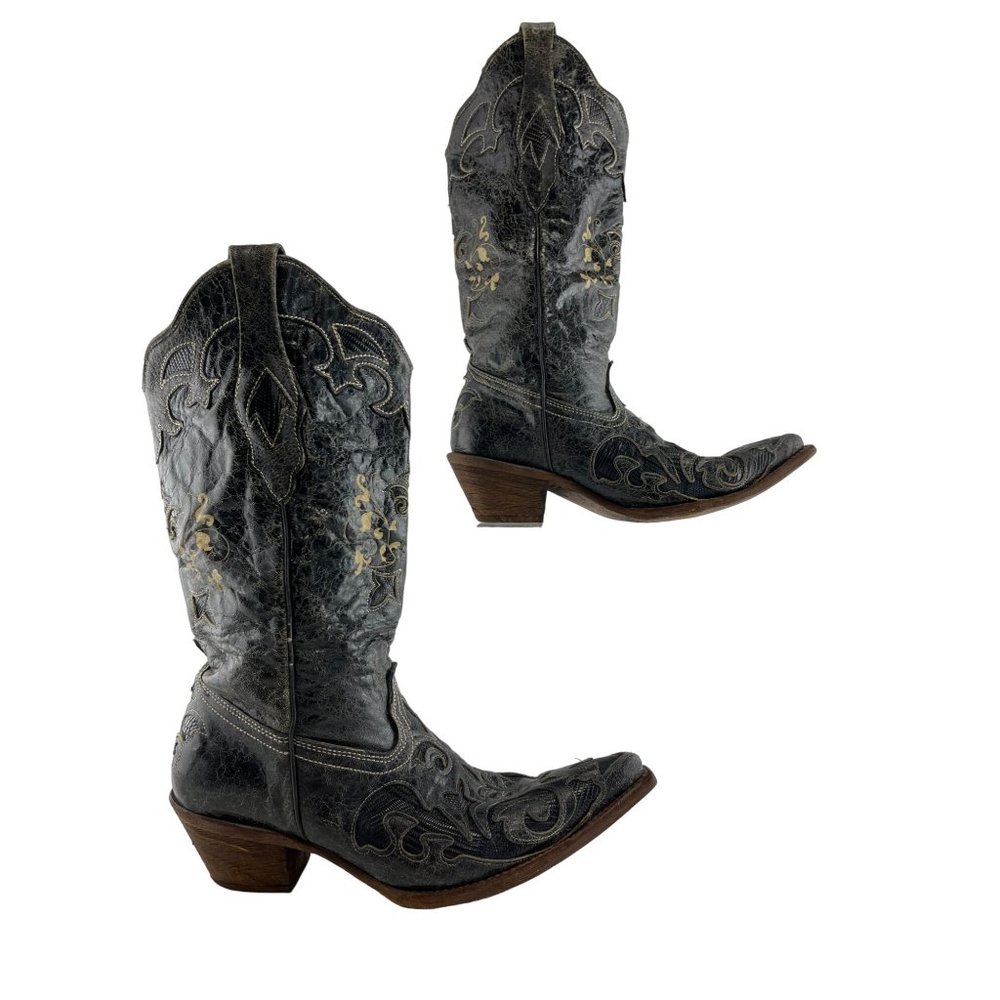 Ladies Corral Vintage Black Goat Leather Pointed Toe Western Boots Size 8.5 M